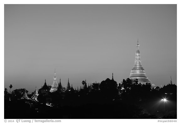 Singuttara Hill and Shwedagon Pagoda at dawn. Yangon, Myanmar (black and white)