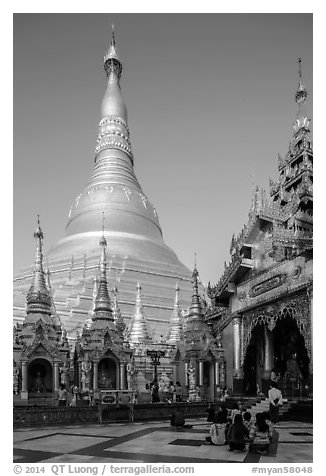 Planetary post, devotion hall, and main stupa, Shwedagon Pagoda. Yangon, Myanmar (black and white)