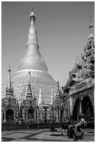 Planetary post, devotion hall, and main stupa, Shwedagon Pagoda. Yangon, Myanmar ( black and white)