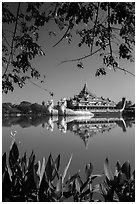 Karawiek Hall, replica of Pyigyimon royal barge on Kandawgyi Lake. Yangon, Myanmar ( black and white)