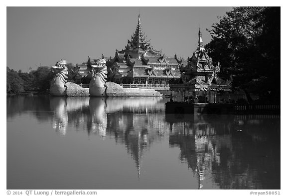 Shrine and Karawiek Hall. Yangon, Myanmar (black and white)