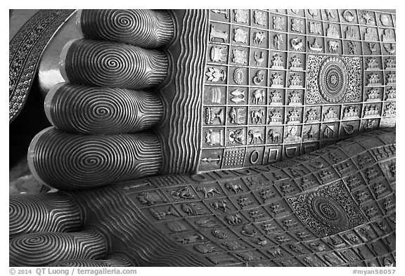 Feet of reclining Buddha statue, Kyaukhtatgyi Pagoda. Yangon, Myanmar (black and white)