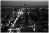 Elevated view of city center at dusk with Sule Pagoda and Yangon River. Yangon, Myanmar ( black and white)