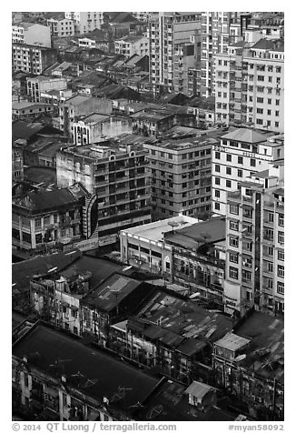 Downtown appartment buildings from above. Yangon, Myanmar (black and white)