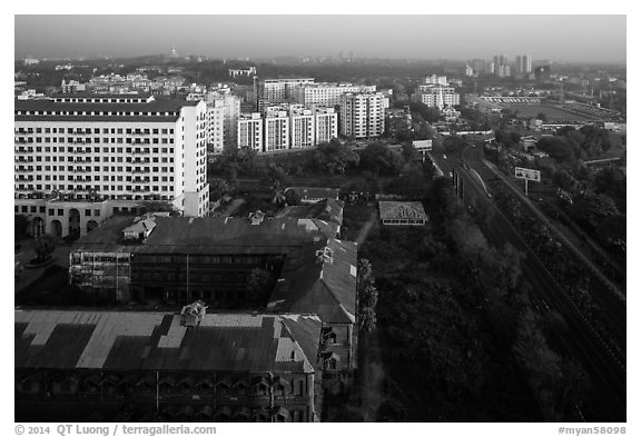 Old railway station and new appartment buildings from above. Yangon, Myanmar (black and white)