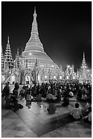 Golden dome seen from the Victory Ground at night, Shwedagon Pagoda. Yangon, Myanmar ( black and white)