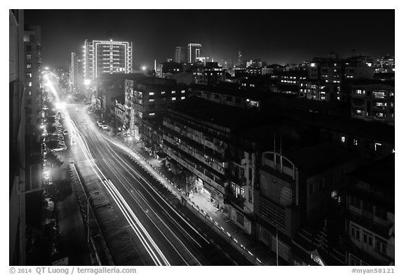 Street from above at night. Yangon, Myanmar (black and white)