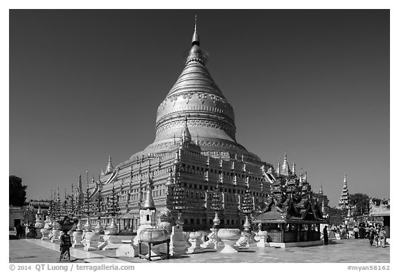 Circular gold leaf-gilded stupa, Shwezigon Pagoda. Bagan, Myanmar (black and white)