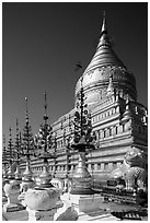 Umbrellas and main stupa, Shwezigon Pagoda. Bagan, Myanmar ( black and white)