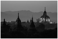 Temples seen from Shwesandaw at dusk. Bagan, Myanmar ( black and white)