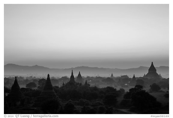 Archeological area at sunset. Bagan, Myanmar (black and white)