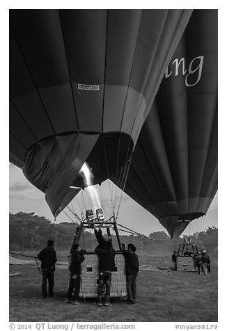 Hot air balloons before take off. Bagan, Myanmar (black and white)