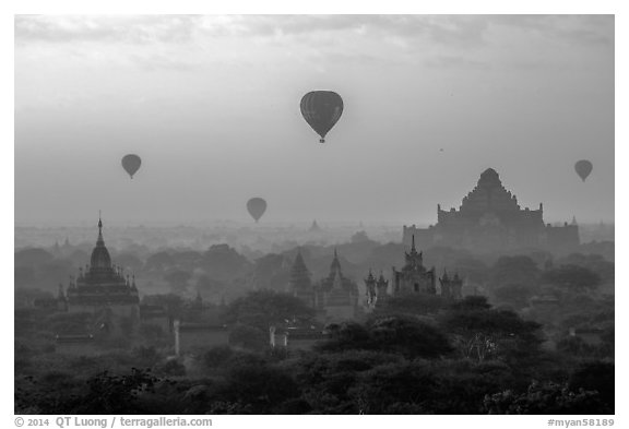 Aerial view of ancient temples and hot air ballons at sunrise. Bagan, Myanmar (black and white)