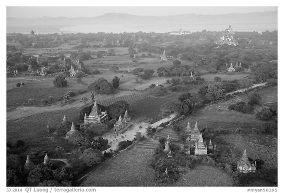 Aerial view of many temples set amongst fields. Bagan, Myanmar (black and white)