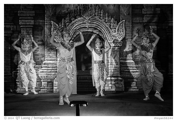 Dancers in traditional costume. Bagan, Myanmar (black and white)
