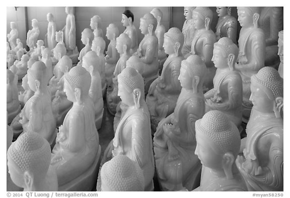 White marble buddha statues for sale. Mandalay, Myanmar (black and white)