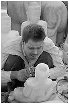 Sculptor with face covered in fine marble dust. Mandalay, Myanmar ( black and white)