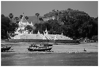 Settawya Pagoda and unfinished Mingun Pagoda from river, Mingun. Myanmar ( black and white)