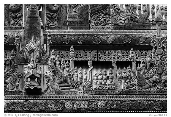 Detail of teak carving, Shwe In Bin Kyaung pagoda. Mandalay, Myanmar (black and white)