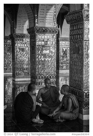 Monks in Sutaungpyei Pagoda. Mandalay, Myanmar (black and white)