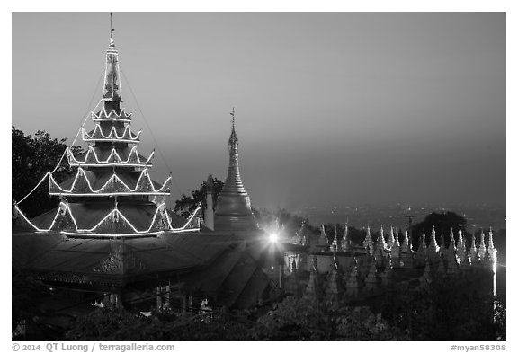 Sutaungpyei Pagoda on top of Mandalay Hill at dawn. Mandalay, Myanmar (black and white)