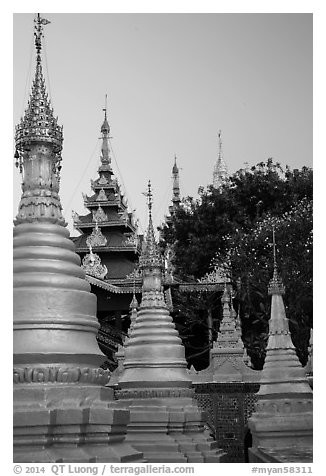 Stupas and spires at dawn, Sutaungpyei Pagoda. Mandalay, Myanmar (black and white)