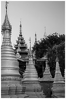 Stupas and spires at dawn, Sutaungpyei Pagoda. Mandalay, Myanmar ( black and white)