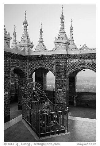 Ogre King and view from  Mandalay Hill. Mandalay, Myanmar (black and white)
