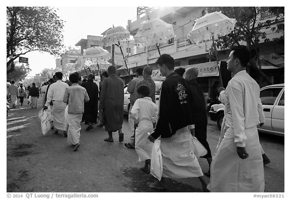 Alms procession. Mandalay, Myanmar (black and white)