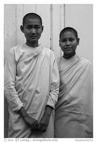 Two nuns, Zayar Theingi Nunnery, Sagaing. Myanmar (black and white)