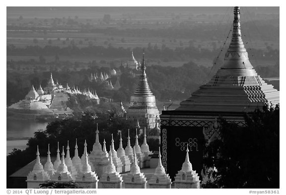Stupas and Ayeyarwady river seen from Sagaing Hill. Myanmar (black and white)