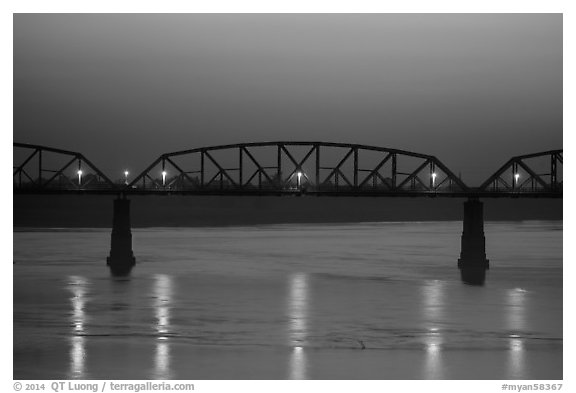 Ava Bridge over Ayeyarwady river at dusk, Sagaing. Myanmar (black and white)