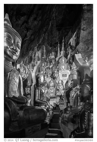 Labyrinth of buddha images in Pindaya Caves. Pindaya, Myanmar (black and white)
