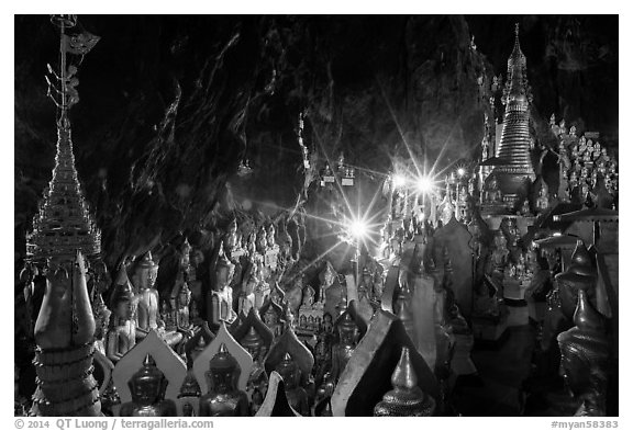Stupas and buddha images in Pindaya Cave. Pindaya, Myanmar (black and white)