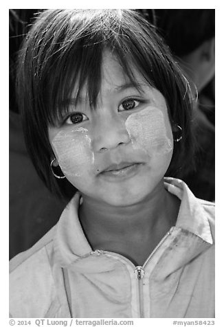 Schoolgirl with thanaka past, Nyaung Shwe. Inle Lake, Myanmar (black and white)