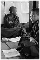 Novices studying, Shweyanpyay Monastery, Nyaung Shwe. Inle Lake, Myanmar ( black and white)