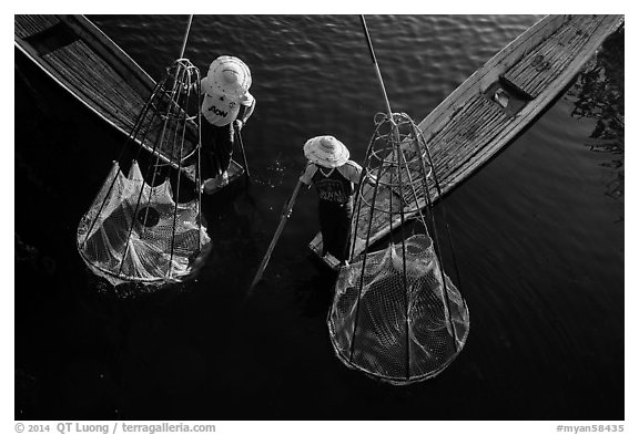 Intha fishermen with conical baskets seen from above. Inle Lake, Myanmar (black and white)