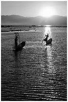 Intha fishermen with setting sun. Inle Lake, Myanmar ( black and white)