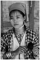 Kayan woman of the Padaung tribe wearing brass neck coils. Inle Lake, Myanmar ( black and white)