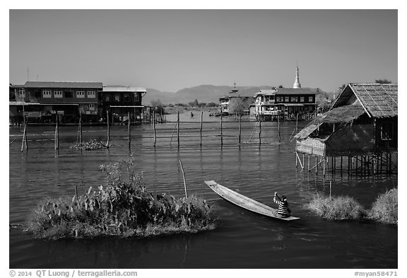 Canal intersection. Inle Lake, Myanmar (black and white)