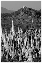 Jungle of stupas in various srages of disrepair, Indein. Inle Lake, Myanmar ( black and white)