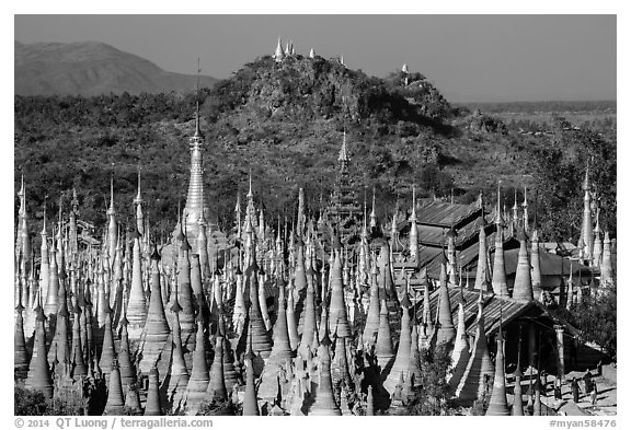 Stupas surounding Shwe Indein Pagoda. Inle Lake, Myanmar (black and white)