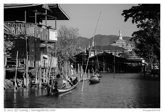 Canal in Ywama Village. Inle Lake, Myanmar (black and white)