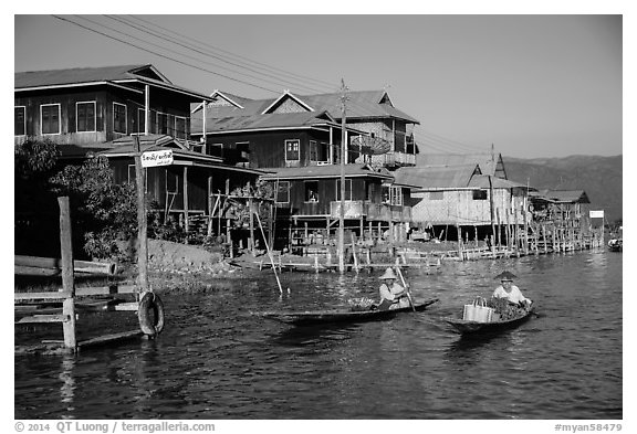 Houses on stilts in Ywama Village. Inle Lake, Myanmar (black and white)