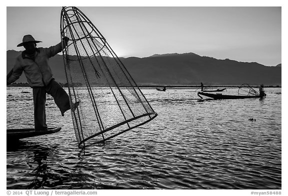 Intha fisherman standing on boat stern to lift net basket. Inle Lake, Myanmar (black and white)