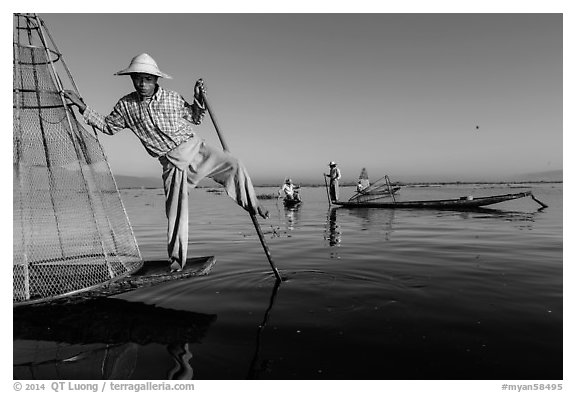 Group of Intha people fishing. Inle Lake, Myanmar (black and white)