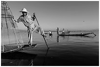 Group of Intha people fishing. Inle Lake, Myanmar ( black and white)