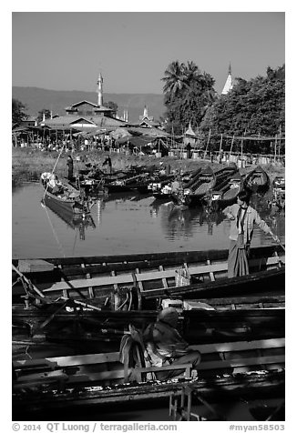 Parked boats and market. Inle Lake, Myanmar (black and white)