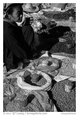 Market vendor with cheerot cigar. Inle Lake, Myanmar (black and white)