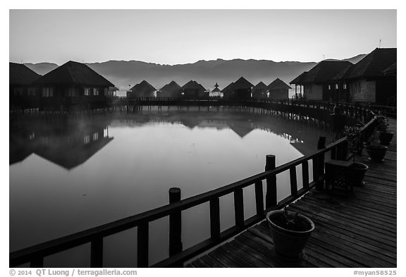 Myanmar Treasure Resort at dawn. Inle Lake, Myanmar (black and white)